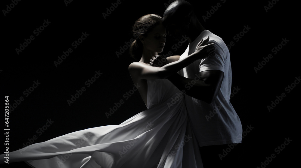 Contemporary dance, male and female dancer intertwined in an abstract form, black and white, focus on form and shadows Contemporary dance, male and female dancer intertwined in an abstract form, black and white, focus on form and shadows