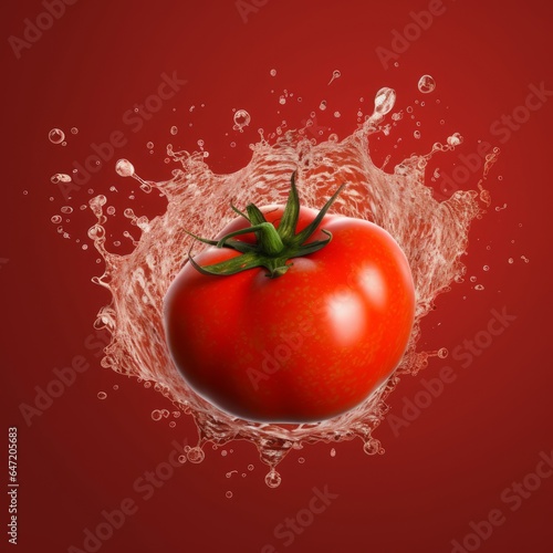 Tomato in water splash on a red background. 3d rendering