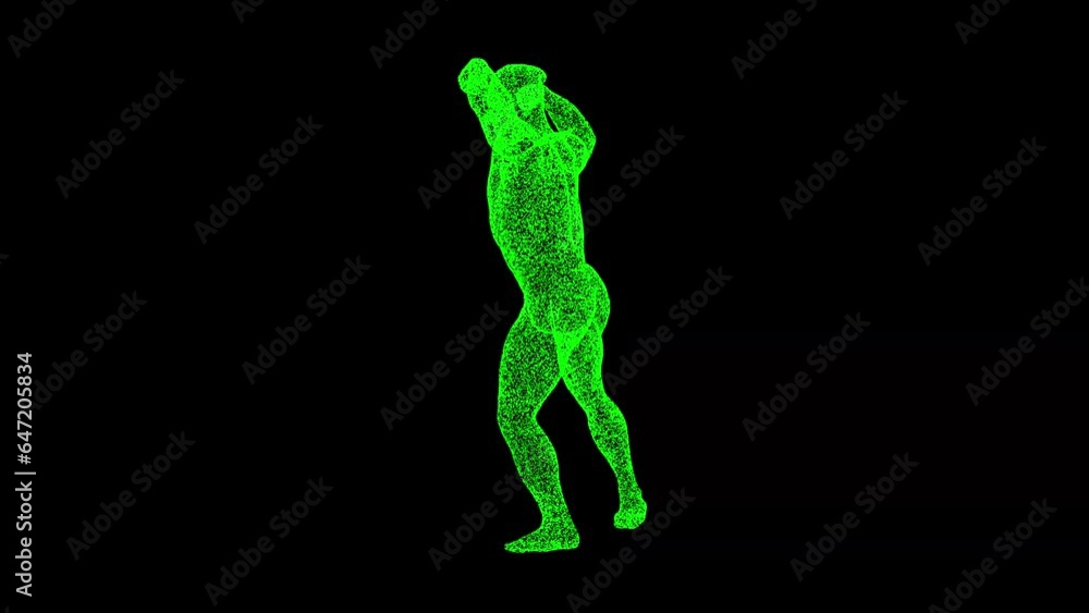 3D Muscular man rotates on black background. Sport and Beauty concept. Bodybuilder performs on stage. Business advertising backdrop. For title, text, presentation. 3d animation 60 FPS 3D Muscular man rotates on black background. Sport and Beauty concept. Bodybuilder performs on stage. Business advertising backdrop. For title, text, presentation. 3d animation 60 FPS
