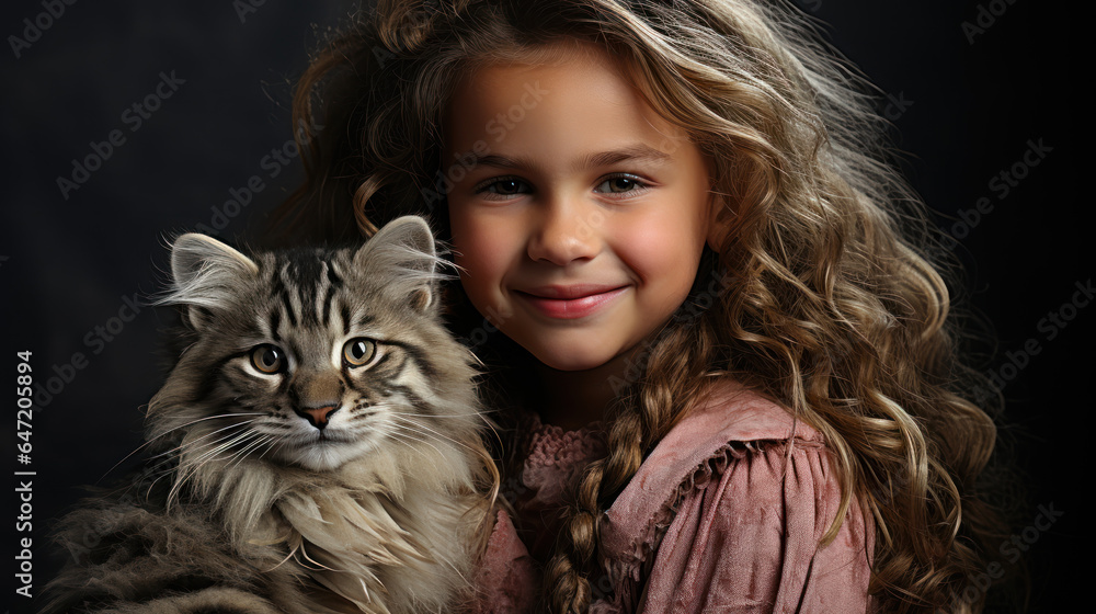 A girl poses with her pet, a beautiful striped cat.
