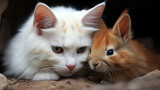 A rabbit and a cat, unlikely animal friends.
