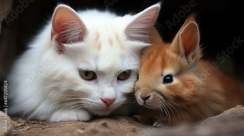 A rabbit and a cat, unlikely animal friends.