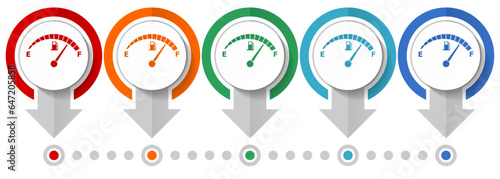 Fuel gauge, car petrol dashboard vector icon set, flat design infographic template, set pointer concept icons in 5 color options for webdesign and mobile applications
