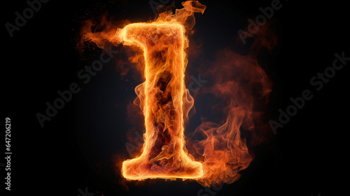 Fire alphabet number 1 one isolated on black background