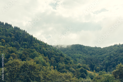 Morning foggy clouds in autumn mountain countryside. Ukraine, Transcarpathia.