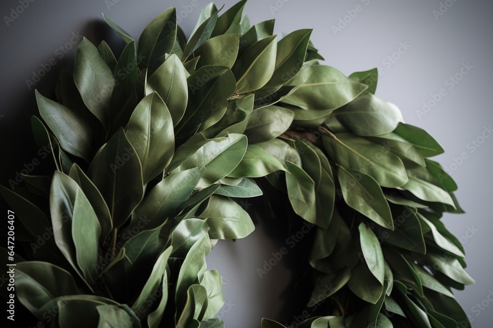 Charming photo of a handmade bay leaf wreath artfully hanging on a rustic wooden door in daylight Charming photo of a handmade bay leaf wreath artfully hanging on a rustic wooden door in daylight