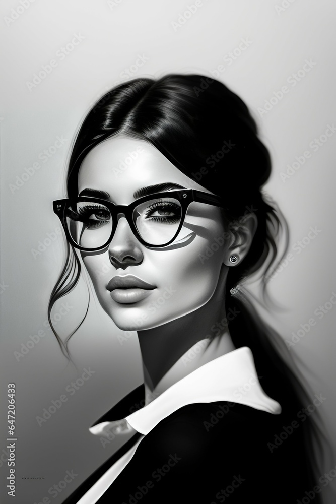 Women portrait Dibujo a blanco y negro de una chica con gafas redondas ...