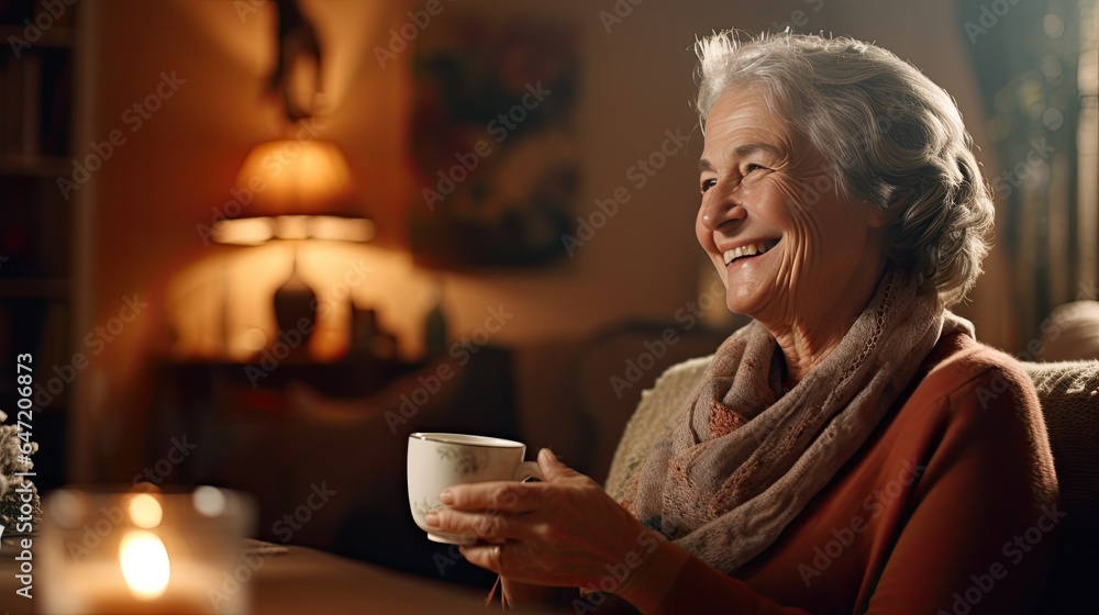 Senior woman enjoying a cup of tea in her cozy living room, exuding warmth and contentment Senior woman enjoying a cup of tea in her cozy living room, exuding warmth and contentment