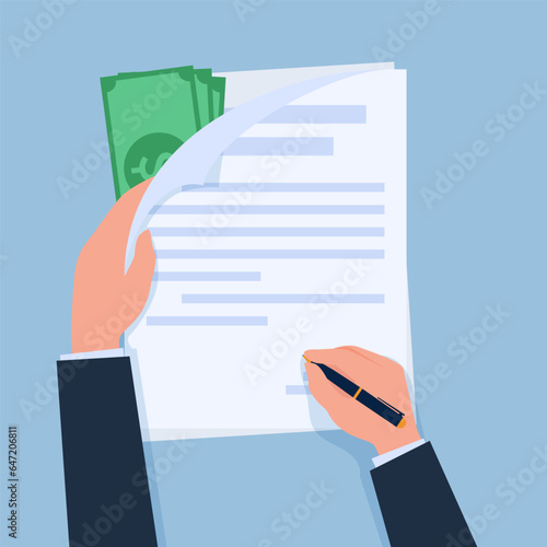 the hand turns over the agreement paper and there is money behind it, a metaphor for the agreement bribery