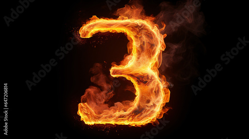 Fire alphabet number 3 three isolated on black background