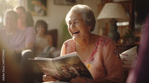 Happy grandmother laughing while reminiscing with a photo album, surrounded by family photos photo