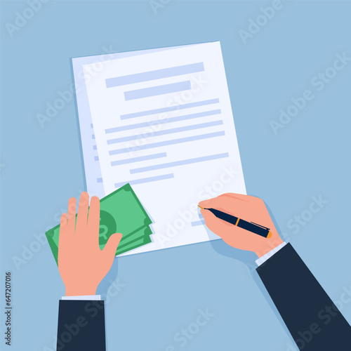 one hand signs an agreement while the other hand holds money, a metaphor for a bribery agreement
