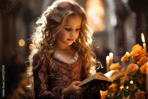 portrait of a little girl in church reading the holy bible