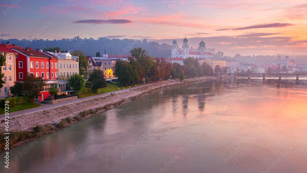 Passau Skyline, Germany. Cityscape image of Passau skyline, Bavaria, Germany at foggy autumn sunrise.