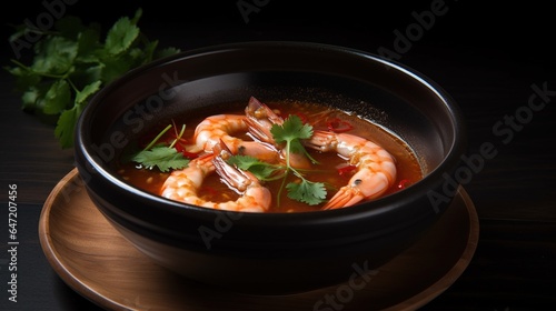 Exquisite photo of a bowl of spicy and aromatic Tom Yum soup garnished with lime and cilantro in a modern Thai bistro