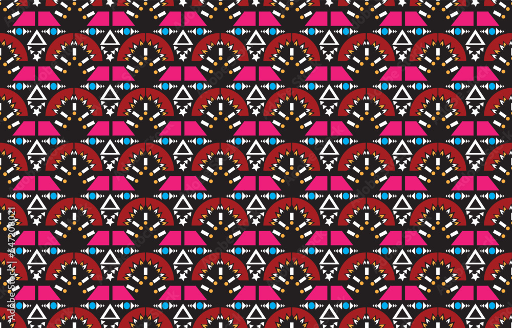 Geometric vector background with sacral tribal ethnic elements. Traditional triangles gypsy geometric forms sprites tribal themes apparel fabric tapestry print
