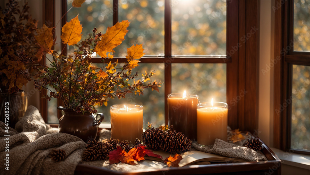 Book, candles, autumn leaves and pine cones on the background of a window