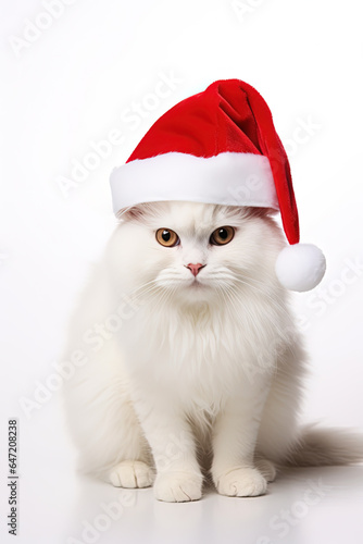 White fluffy cat with Santa Claus hat