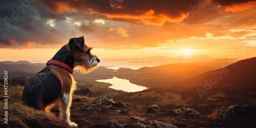 Silhouette background of a beautiful happy jack russell terrier pet dog. Summer sunset, sunrise landscape banner. Dog travelling and hiking.