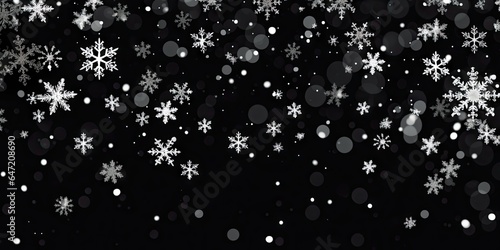 Frosty elegance. Snowflake winter wonderland on black background. Magical snowfall. Christmas delight. Winter greeting. Starry celebration