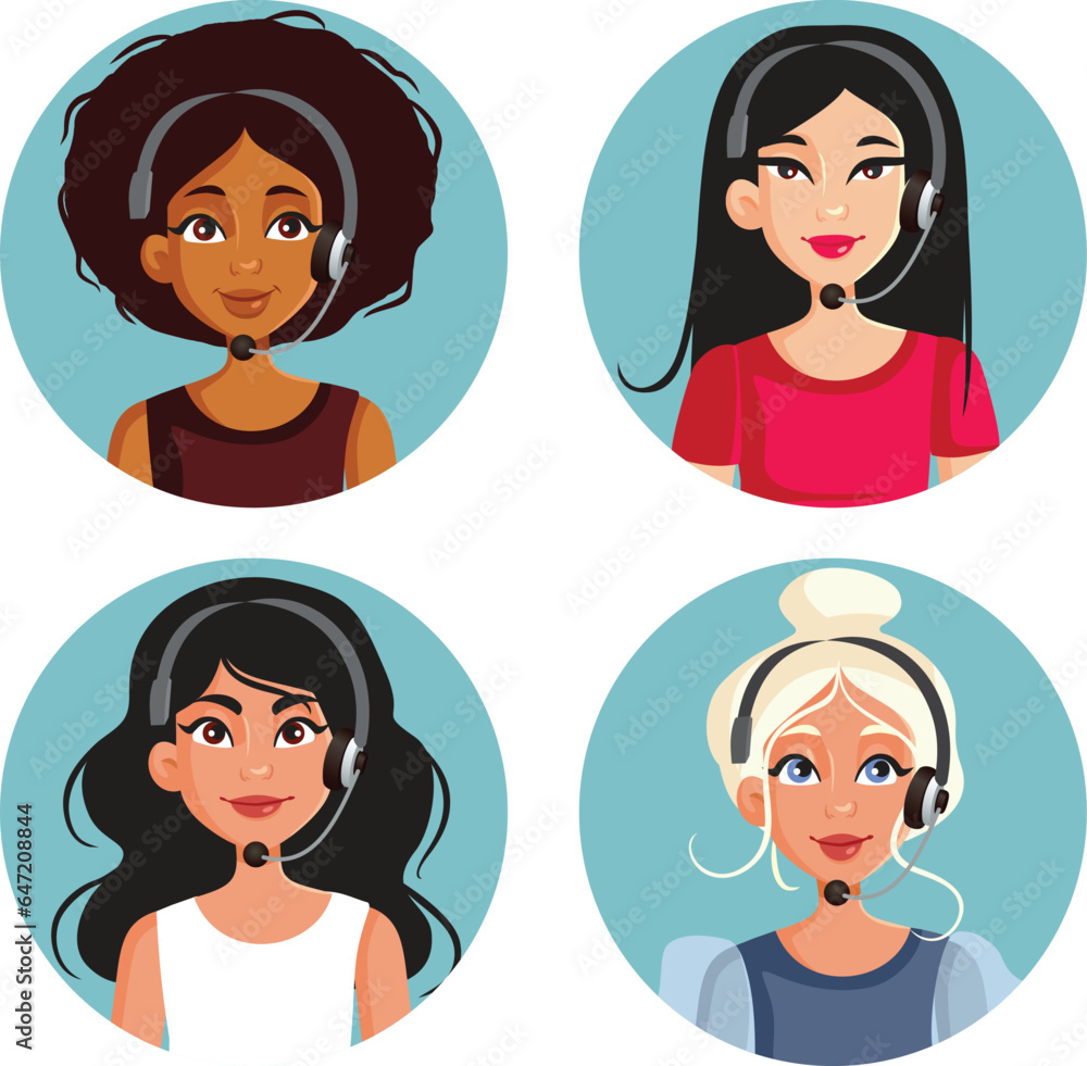 Women Wearing Headsets Working in a Call Center Vector Avatar Collection. Customer care service operators of different backgrounds and ethnicity
Women Wearing Headsets Working in a Call Center Vector Avatar Collection. Customer care service operators of different backgrounds and ethnicity