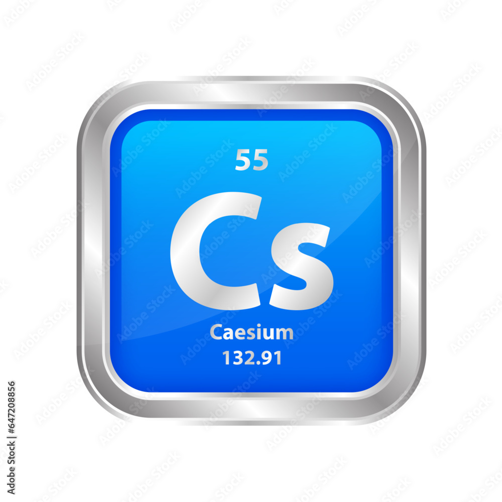 Icon structure Cesium (Cs) number chemical element square blue line silver. Periodic table. Sign with atomic number. Study in science for education. 3D vector illustration. Icon structure Cesium (Cs) number chemical element square blue line silver. Periodic table. Sign with atomic number. Study in science for education. 3D vector illustration.