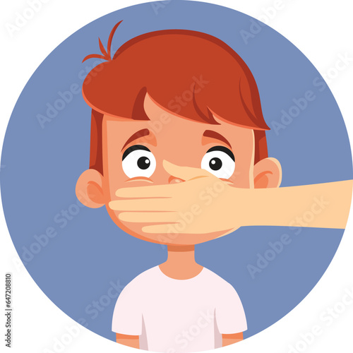 Silenced Child Being a Victim Vector Conceptual illustration. Abusive aggressor kidnapping a little boy demanding ransom 

