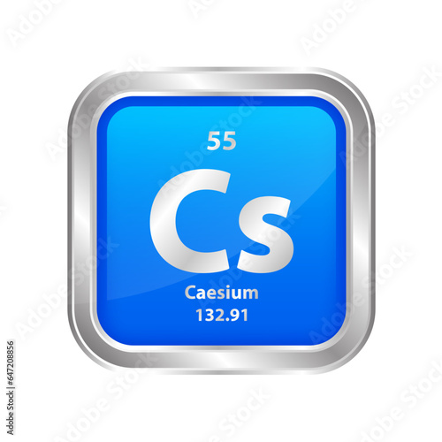 Icon structure Cesium (Cs) number chemical element square blue line silver. Periodic table. Sign with atomic number. Study in science for education. 3D vector illustration.