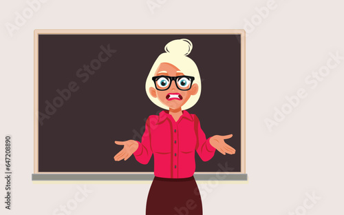 Puzzled Clueless Teacher in front of a Classroom Vector Cartoon Illustration. Clueless substitute professor unable to do her job
