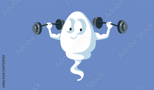 Strong Sperm Holding Dumbbells Character Vector Cartoon Design. Powerful masculine symbol of procreation and genetics 
