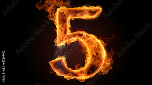 Fire alphabet number 5 five isolated on black background