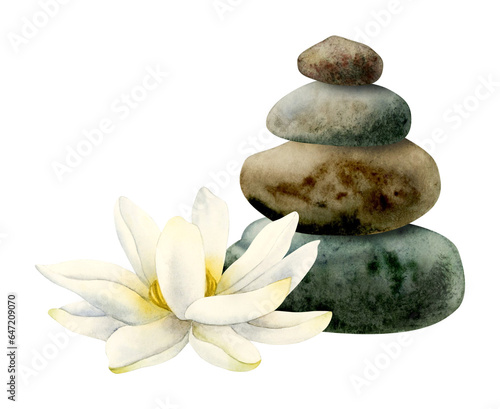 Fotografiet Watercolor lotus flower and balanced stones pyramid realistic illustration for y