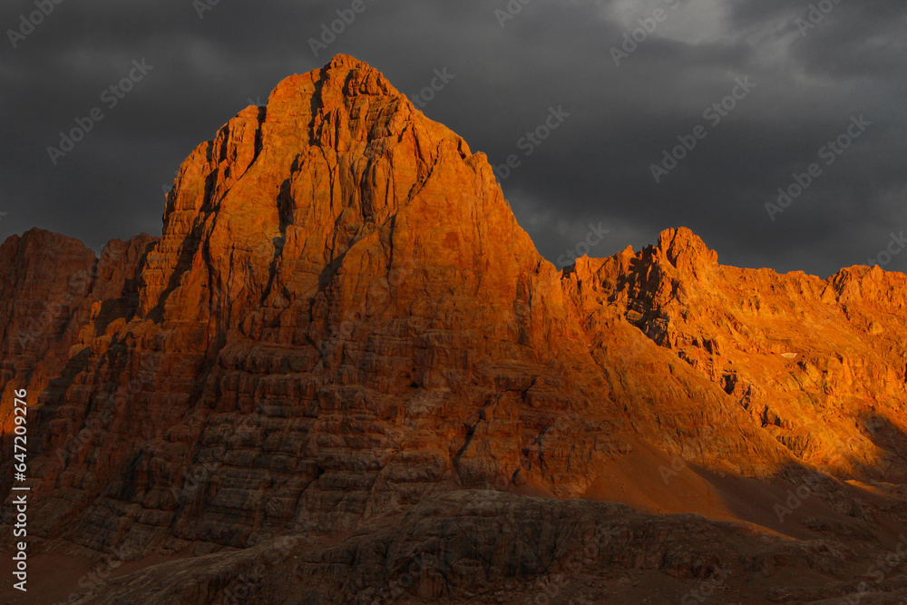 Aladaglar. Iconic Direk Taş rock mountain in sunset on Aladağlar, Niğde, Turkey.