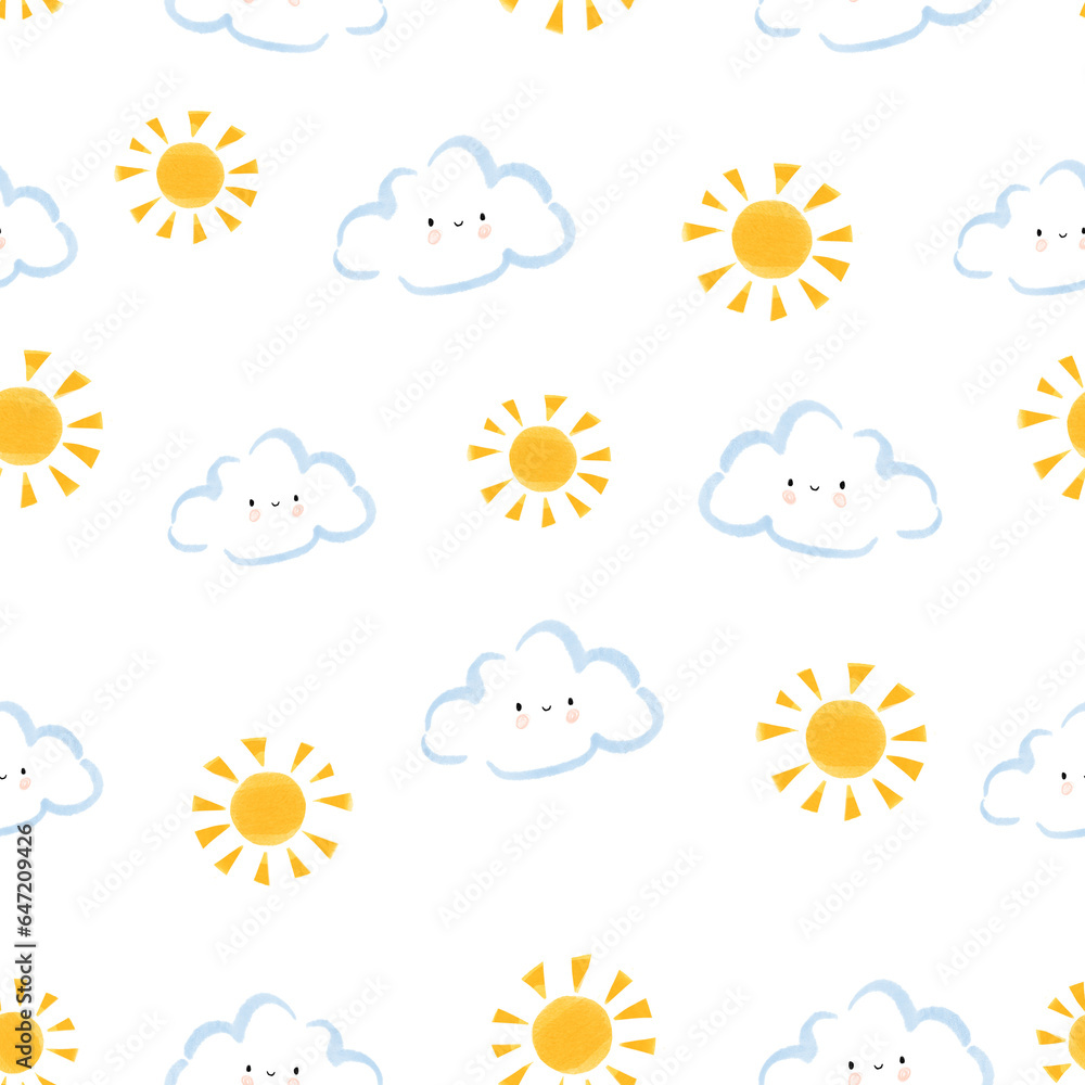 Watercolor Cute Sun and Clouds Repeat Seamless Pattern Watercolor Cute Sun and Clouds Repeat Seamless Pattern