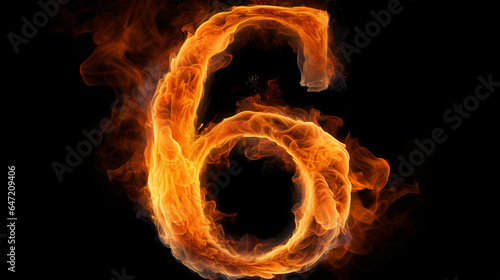 Fire alphabet number 6 six isolated on black background