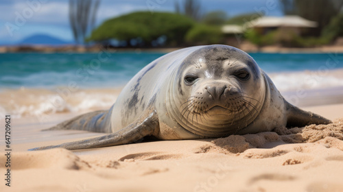 The Hawaiian monk seal (Neomonachus schauinslandi) is an endangered species of earless seal in the family Phocidae that is endemic to the Hawaiian Islands. photo