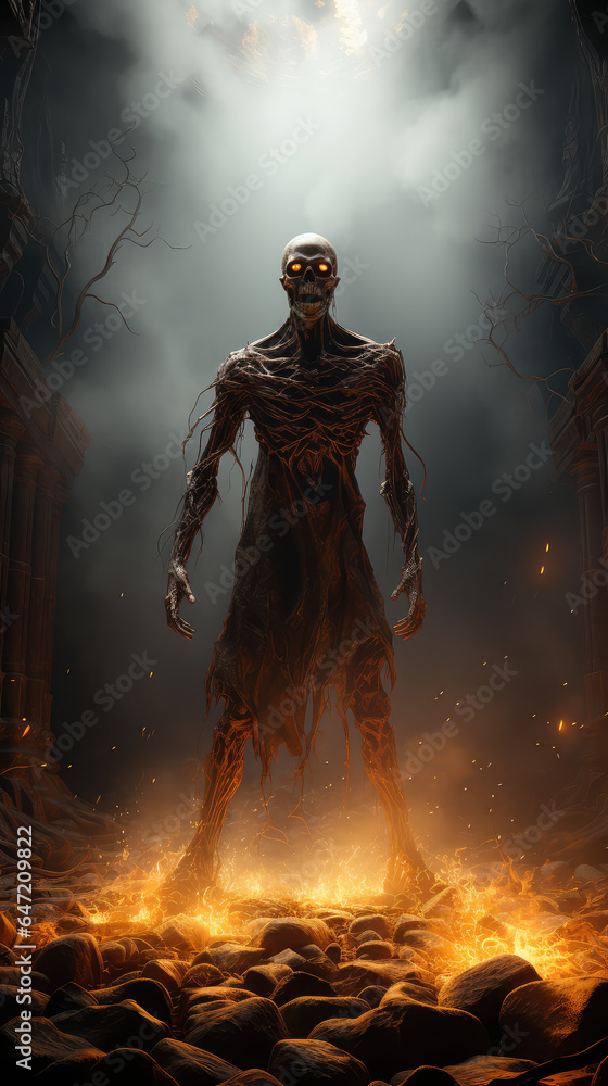 Zombie emerges from the shadows, its eyes radiating an eerie glow, hinting at its otherworldly nature and malevolent intentions. Generative AI Zombie emerges from the shadows, its eyes radiating an eerie glow, hinting at its otherworldly nature and malevolent intentions. Generative AI