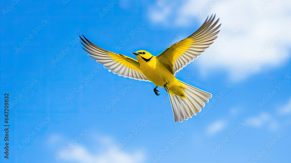Obraz premium Yellow wagtail flying against blue sky