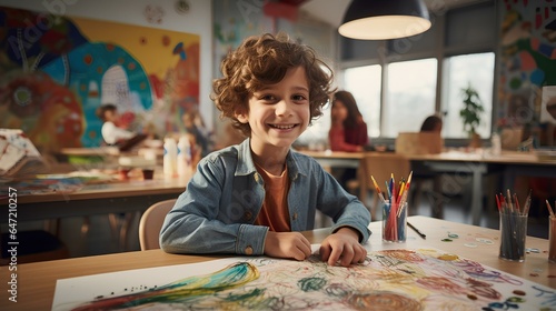 a boy with a happy smile while taking Art and creativity lesson in an elementary school. generative AI
