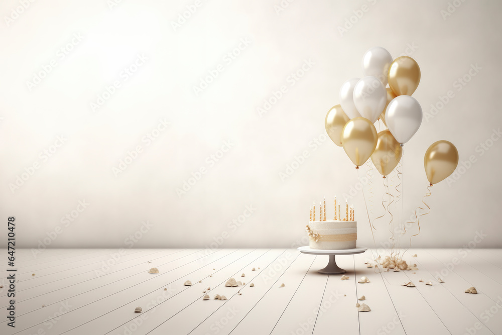 neutral white cake on wooden floor with gold and white balloons - obrazy, fototapety, plakaty 