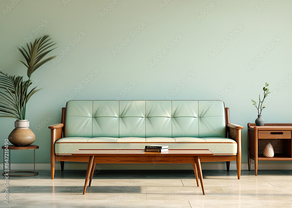 Light green leather sofa against wall with copy space. Midcentury