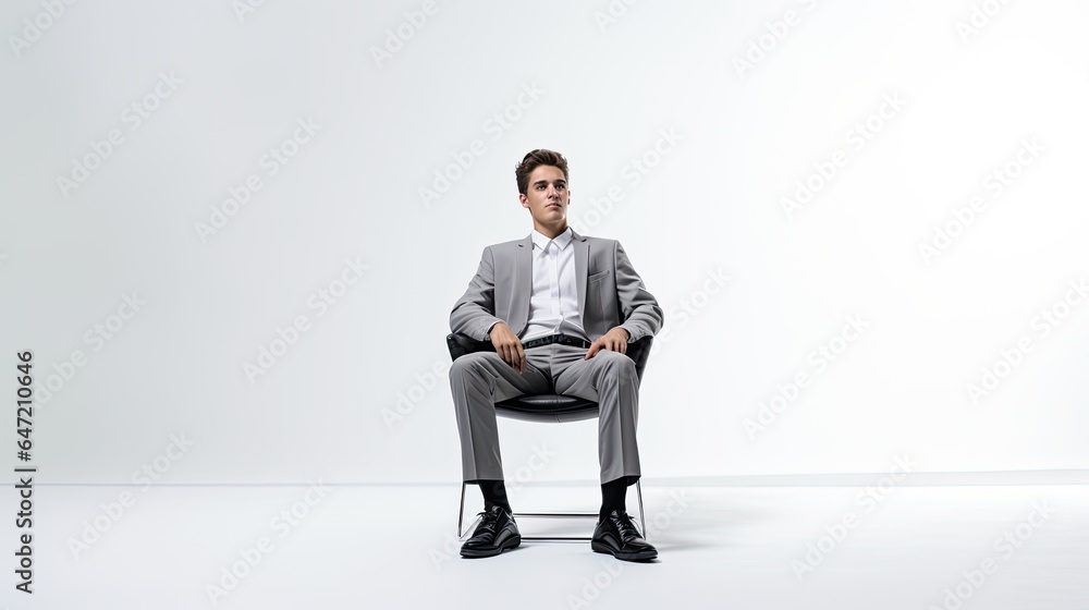 Model in relaxed posture sitting on simple chair.
Model in relaxed posture sitting on simple chair.
