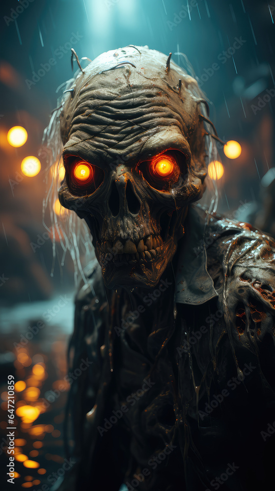 Zombie emerges from the shadows, its eyes radiating an eerie glow, hinting at its otherworldly nature and malevolent intentions. Generative AI Zombie emerges from the shadows, its eyes radiating an eerie glow, hinting at its otherworldly nature and malevolent intentions. Generative AI