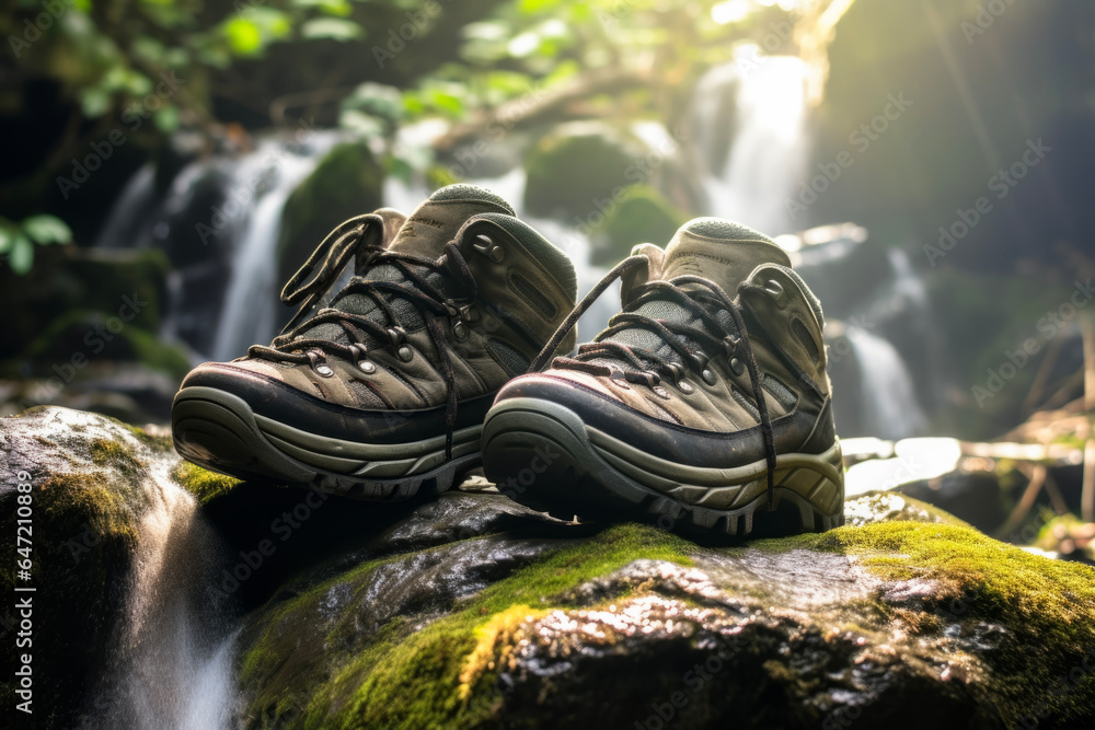 Close-up of trekking shoes, which are necessary for refreshing your mountain climbing and hiking. Background of natural waterfall and beautiful beam of light. Hobbies and sports lifestyle concept. - obrazy, fototapety, plakaty 