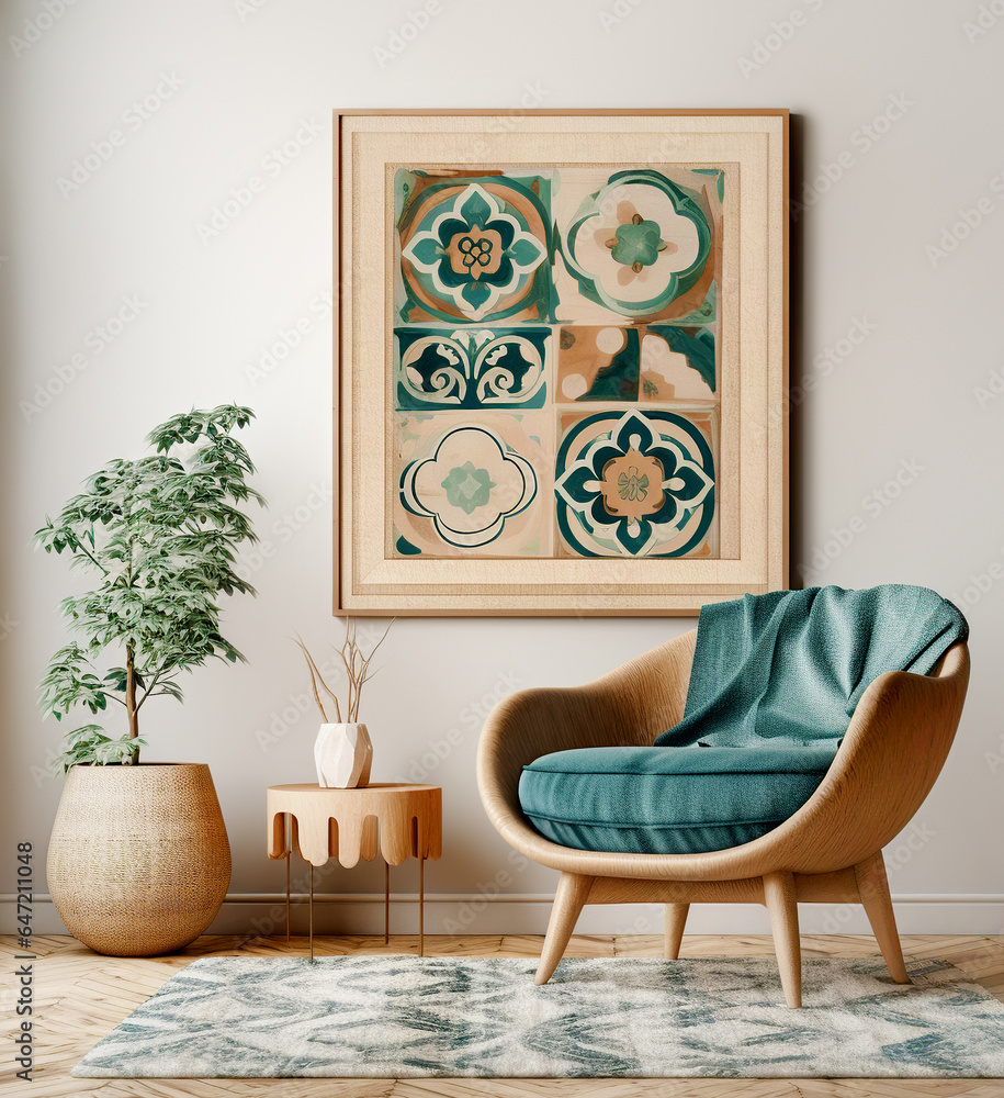 Obraz na płótnie Wooden chair with teal cushion against white wall with art poster frame. Mid-century style home interior design of modern living room. w salonie