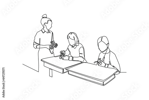 simple continuous line drawing of teacher gives the task of compiling a robot puzzle. Education minimalist concept, simple line, vector illustration.
