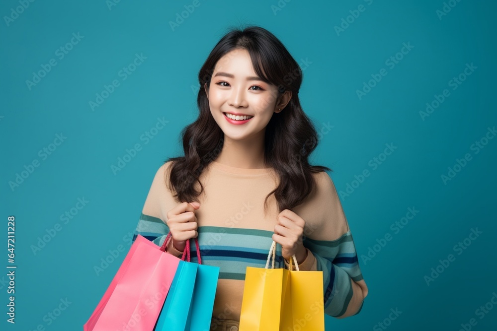 Portrait of a happy Asian woman holding shopping bags on blue background Portrait of a happy Asian woman holding shopping bags on blue background