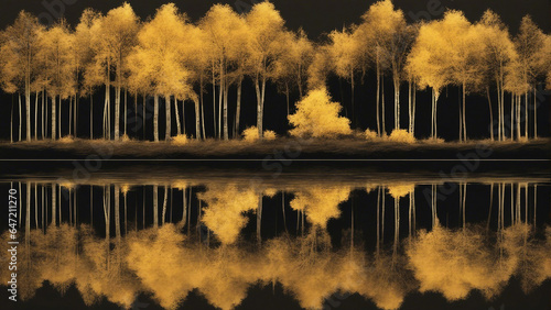 Golden trees reflected in lake on black sky background. Modern canvas art with golden yellow forest on dark background. Mural wallpaper landscape
