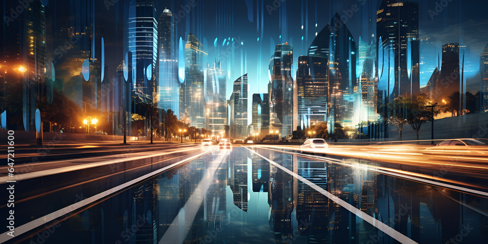 A cityscape with a night scene and the lights on the road,Smart digital city with high speed light trail of cars of digital data transfer .