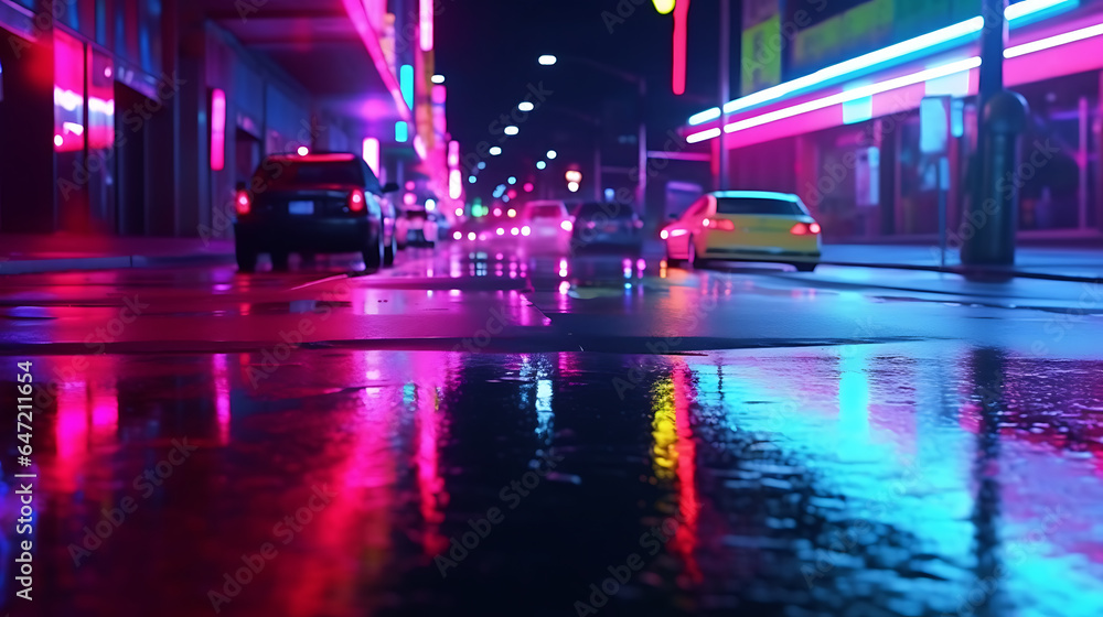 Purple neon color at night reflected on the street Purple neon color at night reflected on the street